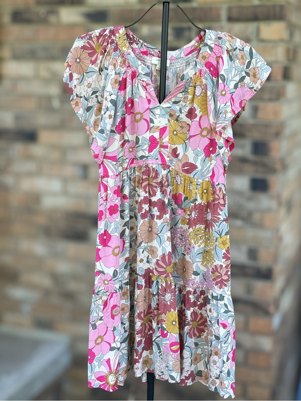 Umgee Floral Mini Dress Large Pink Retro Boho Flutter Sleeve Pockets